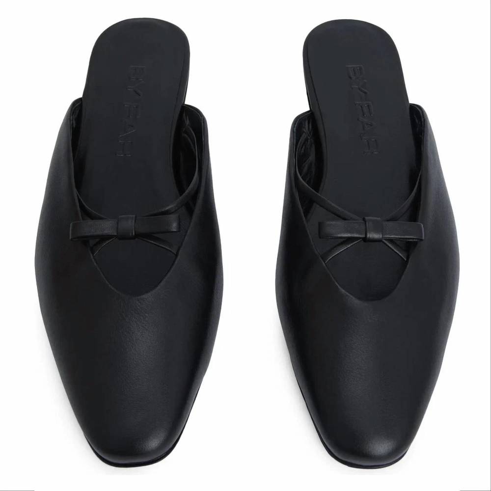 NEW BY FAR women's finn leather bow ballerina mules in black - Picture 3 of 4